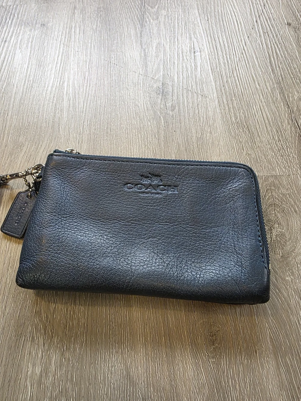 COACH Double Zip Corner Wristlet Clutch Wallet Pebbled Blue Leather F64130